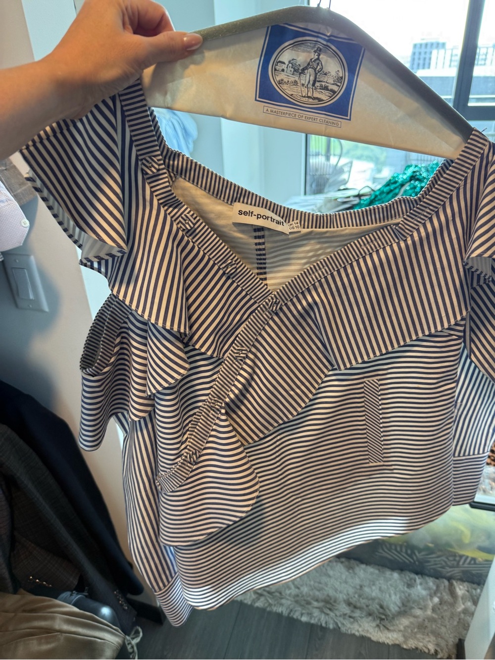 Self-Portrait Black and White Striped Ruffle One-Shoulder Blouse